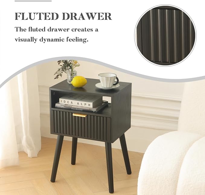 Black Nightstand, Modern Bedside Table with Fluted Drawers, Small Night Stand with Storage and Solid Wood Legs for Bedroom, Dorm and Small Space (Black)