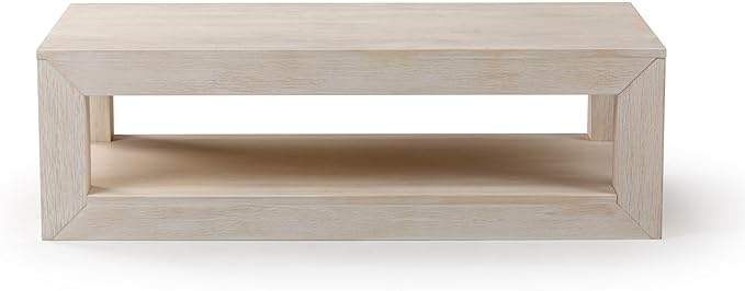 Plank+Beam Modern Rectangular Coffee Table with Shelf, 48", Solid Wood Center Table with Storage, 2 Tier Tea Table for Living Room, White Sand Wirebrush