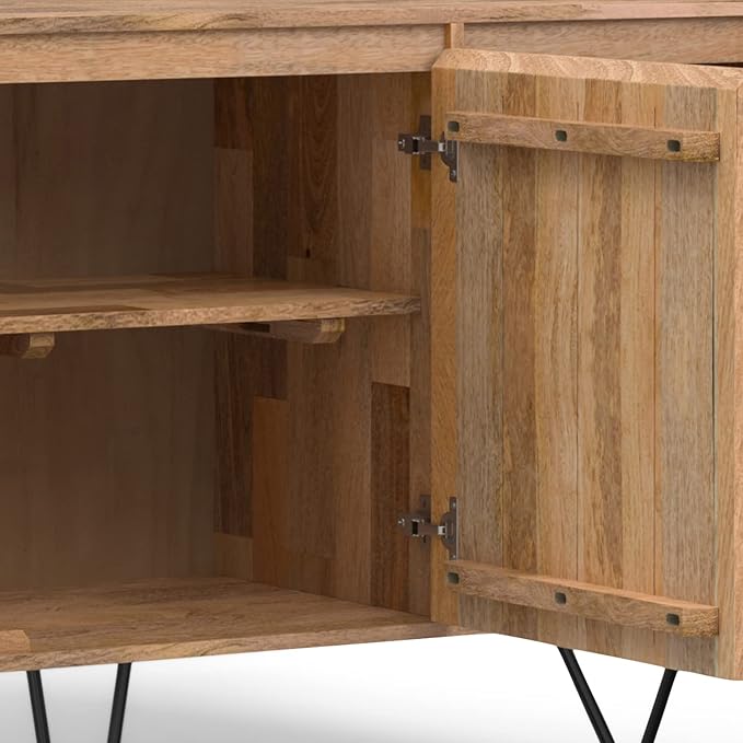 SIMPLIHOME Hunter Buffet - 60 inch Wide Solid Mango Wood 3-Door Sideboard Buffet in Natural, Contemporary Storage Cabinet for Dining Room or Kitchen with Adjustable Shelves and Metal Legs