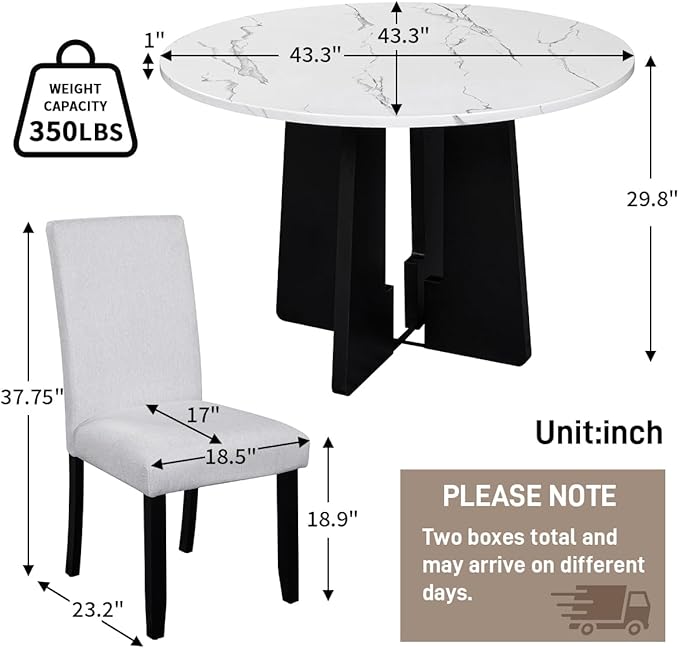 Merax 5-Piece Round Dining Table Set, Modern 4 Upholstered Chairs for Living,Kitchen Room, 43 Inch, Beige+White