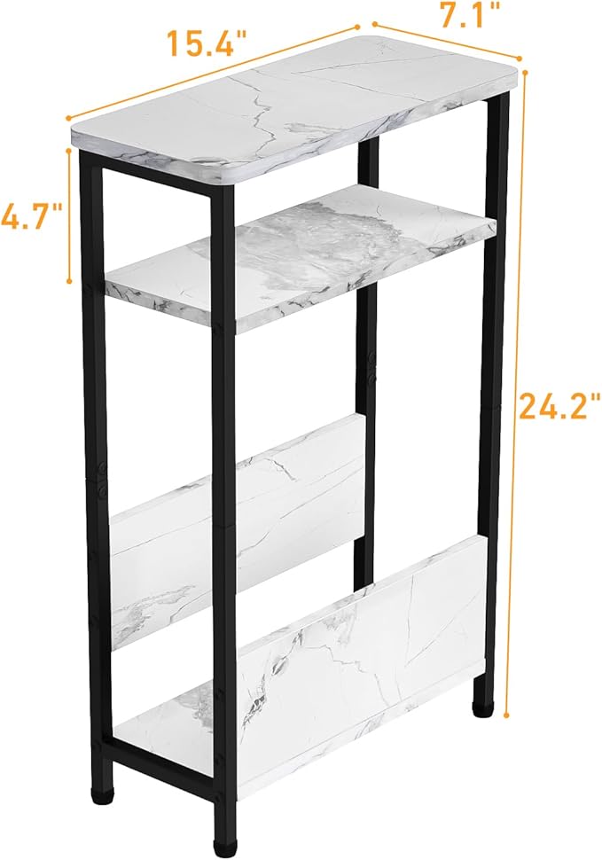 7.1" Narrow Side Table for Small Spaces, 3 Tier Small End Table with Magazine Holder, Slim/Skinny Nightstand/Bedside Table for Living Room, Bedroom, 15.4" L x 24.2" H, Faux White Marble