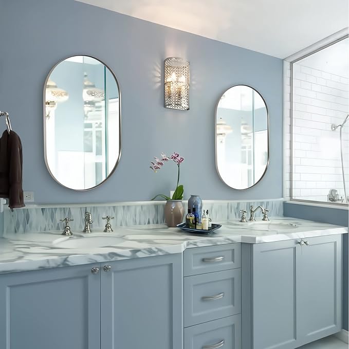 ANDY STAR Chrome Bathroom Mirror, 26x38’’ Oval Mirrors for Bathroom, Pill Shaped Mirror Chrome Metal Framed, SUS304 Anti-Rust, 1’’ Deep Wall-Mounted Vertically/Horizontally
