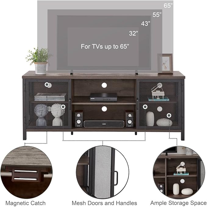FATORRI Industrial Entertainment Center for TVs up to 55 60 65 Inch, Rustic Wood TV Stand, Large TV Console Cabinet with Doors for Living Room (60 Inch Wide, Walnut Brown)