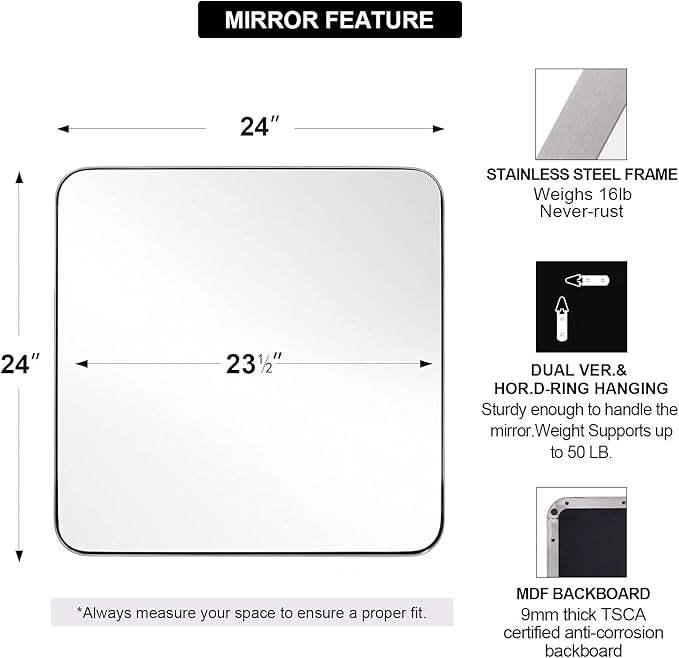 ANDY STAR Square Brushed Nickel Mirror for Bathroom, 24”x24” Silver Metal Frame Wall Mirror, Rounded Corner Stainless Steel Mirror Hangs Horizontal Or Vertical