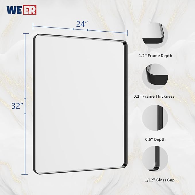 WEER Black Framed Mirror for Bathroom, 24x32 Inch Matte Black Bathroom Vanity Mirror, Rectangular Black Metal Framed Wall Mirror with Tempered Glass, Rounded Corner, Anti-Rust (Horizontal/Vertical)