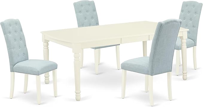 East West Furniture DOCE5-LWH-15 5 Piece Dining Set Includes a Rectangle Dining Room Table with Butterfly Leaf and 4 Baby Blue Linen Fabric Upholstered Chairs, 42x78 Inch, Linen White
