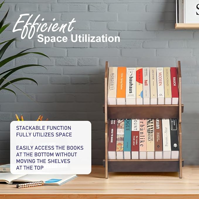 Desktop Bookshelf, Stackable Book Organizer with Handle, storage rack for CD/Magazine/File Folder, Portable Small bookshelf for Study, Living room, Kid's room, No Nails, Medium Size