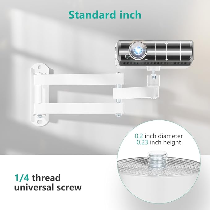 WALI Foldable Projector Wall Mount Universal Adjustable Wall Projector Mount Aluminum Alloy Projectors Stand,1/4" M4 M6 Screw Size,(1330LM-PMW), White