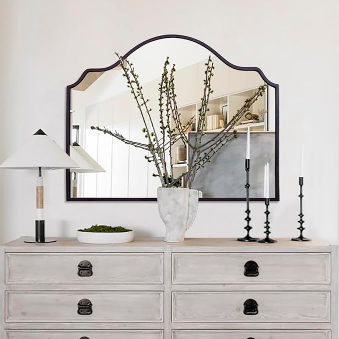 Chende Black Arched Mirror, 36'' x 24'' Decorative Wall Mirror with Wooden Frame, Modern Scalloped Mirror for Entryway, Living Room, Fireplace