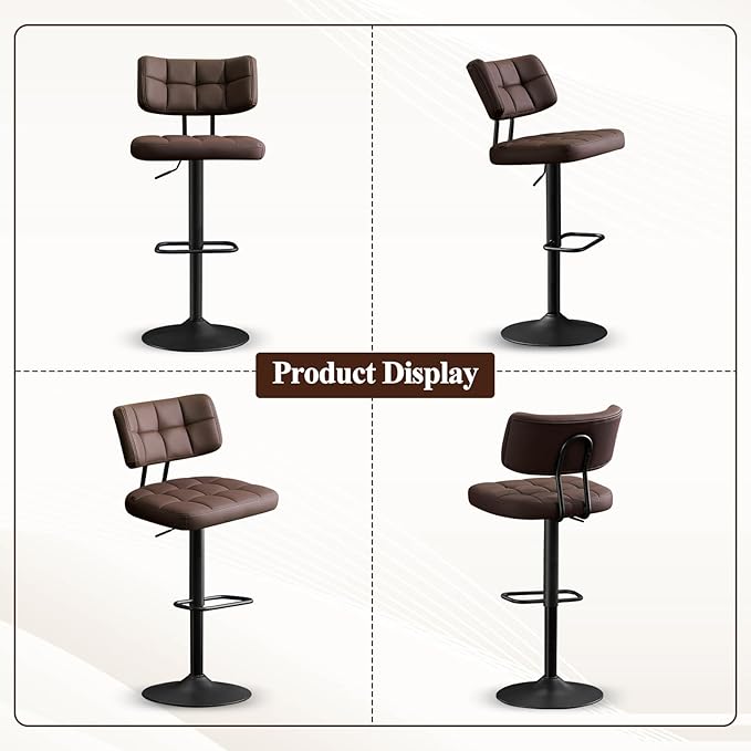 Furniliving Modern Bar Stools Set of 2 Faux Leather, Upholstered Swivel Barstools with Back, Adjustable Bar Chairs Counter Height for Kitchen Island, Dining Space, Brown