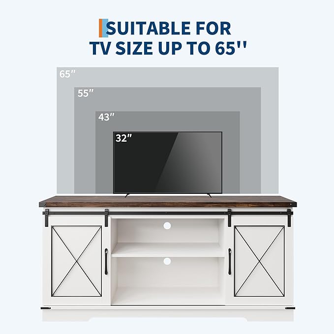 GarveeHome Farmhouse TV Stand for TV up to 65 Inches and Entertainment Center with Sliding Barn Doors, Tv Media Console Table with Storage Cabinet for Living Room, Bedroom, White & Brown