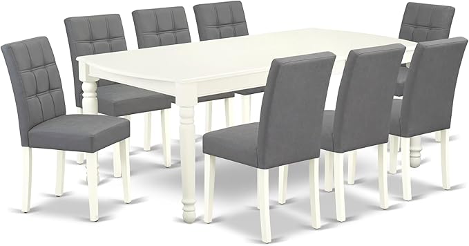 East West Furniture DOAS9-LWH-41 9 Piece Dining Table Set Includes A Kitchen Table and 8 Platinum Gray Polyester Fabric Person Chairs with Stylish Back- Linen White Finish