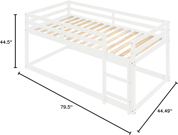 HomSof Twin Over Twin Low Floor Loft Bed with Guard Rails for Dormitory Bedroom,Bottom Without Bed slats,White