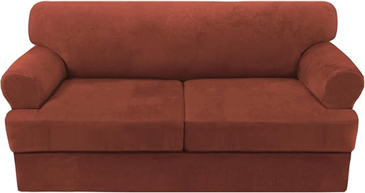 H.VERSAILTEX Sofa Cover 3 Piece T Cushion Sofa Slipcovers Thick Velvet Couch Cover Stretch T Cushion Sofa Covers for 2 Cushion Couch with 2 Individual T Cushion Covers Washable, Rust