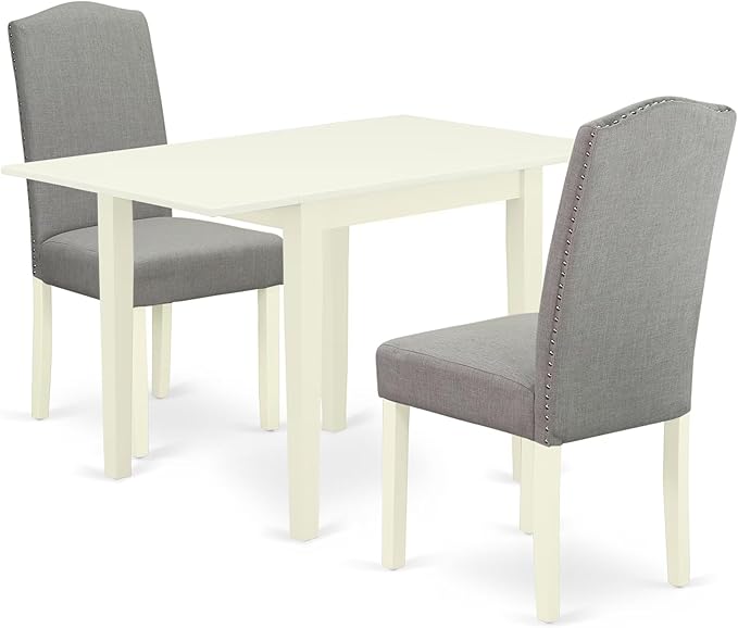 East West Furniture 1NDEN3-LWH-06 3 Piece Dining Table Set Contains a Rectangle Dinner Table with Dropleaf and 2 Dark Shitake Linen Fabric Upholstered Chairs, 30x48 Inch, Linen White
