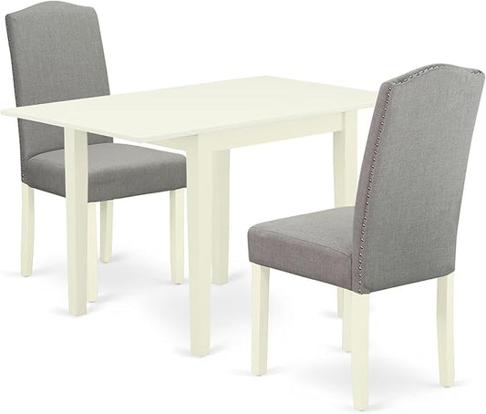 East West Furniture 1NDEN3-LWH-06 3 Piece Dining Table Set Contains a Rectangle Dinner Table with Dropleaf and 2 Dark Shitake Linen Fabric Upholstered Chairs, 30x48 Inch, Linen White