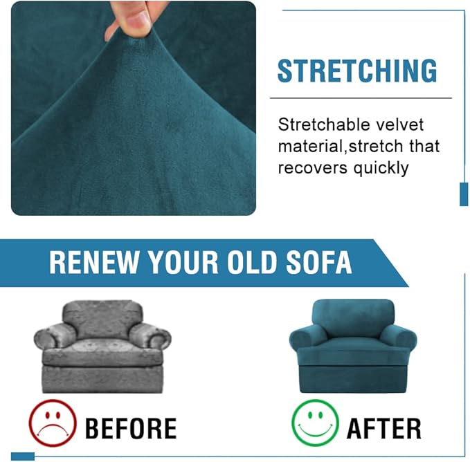 H.VERSAILTEX Sofa Cover 2 Piece T Cushion Armchair Slipcovers Velvet Couch Cover Furniture Protector Stretch T Cushion Sofa Covers for 1 Cushion Couch with 1 Individual T Cushion Covers, Deep Teal
