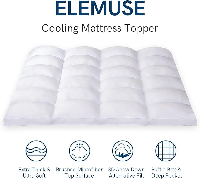 ELEMUSE Full Mattress Topper for Back Pain, Extra Thick Mattress Pad Cover, Plush Soft Pillowtop with Elastic Deep Pocket, Overfilled Down Alternative Filling