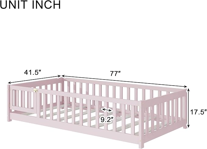 Twin Floor Bed Frame with Slats and Safety Guardrail, Wood Twin Size Montessori Floor Bed with Door and Fence, Easy Assemble Montessori Beds for Kids, Girls, Boys, Pink