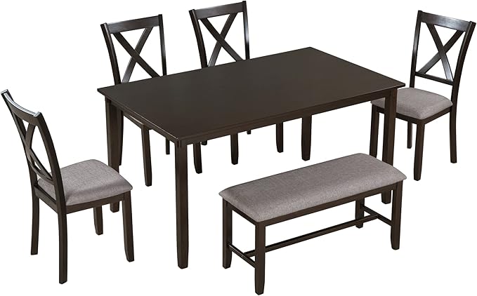 SogesPower 6-Piece Kitchen Dining Table Set for 4-6,Rectangular Dining Table with 4 Fabric Chairs & 1 Bench for Dining Room Living Room,Espresso
