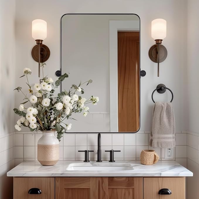 MOON MIRROR 24"x36" Matte Black Pivot Mirror for Bathroom, Metal Frame Bathroom Mirrors for Wall，Rectangle Titling Vanity Wall Mirror with Rounded Corner Hangs Vertical(Overall 27.75" x 36")