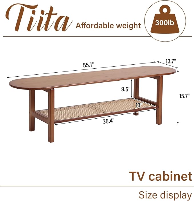 Tiita Bamboo TV Stand with Storage for TV up to 65 inch, Bamboo Rattan TV Console Entertainment Center with 2 Open Shelf, Mid Century Modern Media Console for Living Room, Bedroom, Walnut