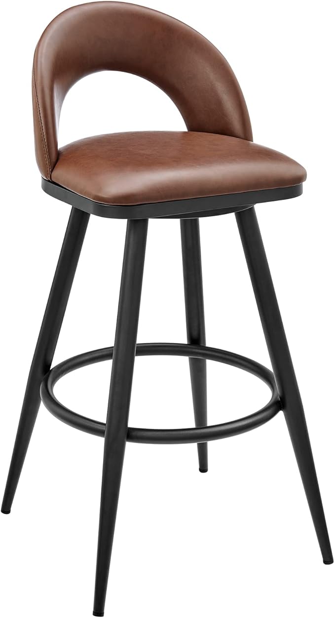 Armen Living Charlotte Swivel Bar Stool in Black Metal with Brown Faux Leather