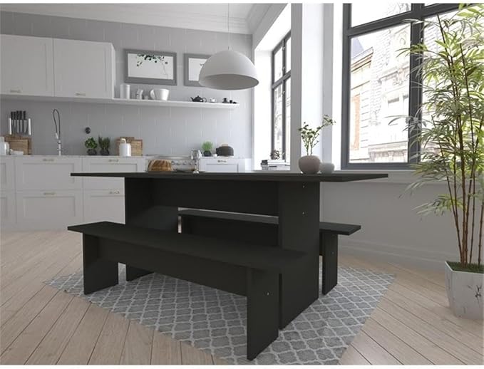 Manhattan Comfort Nomad 3 Piece Dining Set for 6 with Modern Kitchen Table and 2 Benches, Farmhouse Furniture with Rustic Wood Grain Finish, Pedestal Base, Easy Assembly, Grey