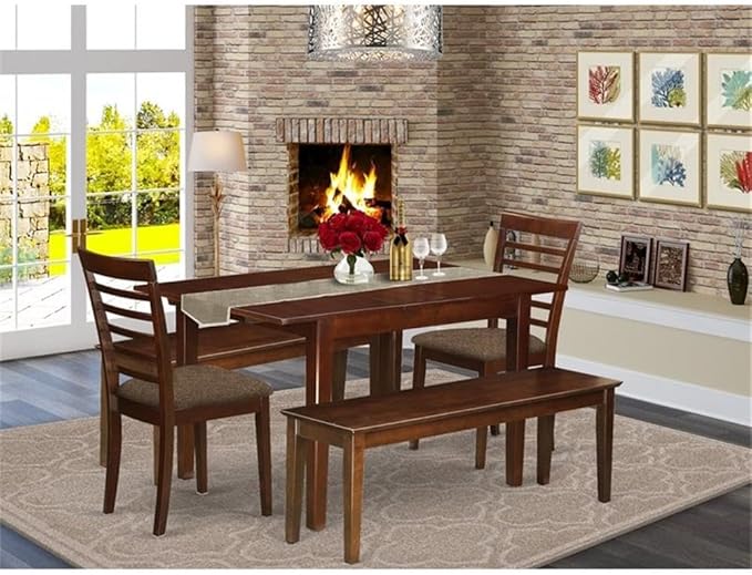 East West Furniture MILA5C-MAH-C 5 Piece Dining Set Includes a Rectangle Dining Room Table with Butterfly Leaf and 2 Linen Fabric Kitchen Chairs with 2 Benches, 36x54 Inch, Mahogany