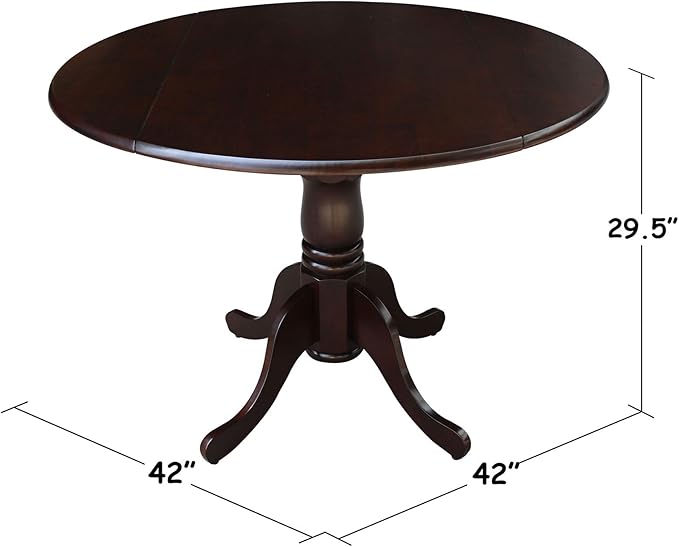 IC International Concepts, 42" Round Dual Drop Leaf Pedestal Dining Table, Solid Real Wood, Sturdy Parawood, Rich Mocha