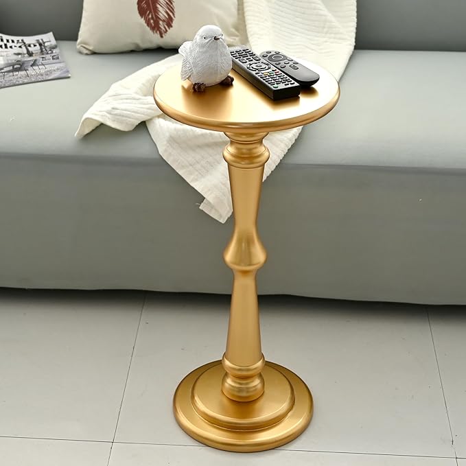 SwallowLiving Small Round Side Table, Tall End Tables Living Room, Narrow Night Stand for Small Spaces, Sofa Couch, Bedroom & Office, Modern Wooden Beside Table Home Decor (Gold, 12" x 25")