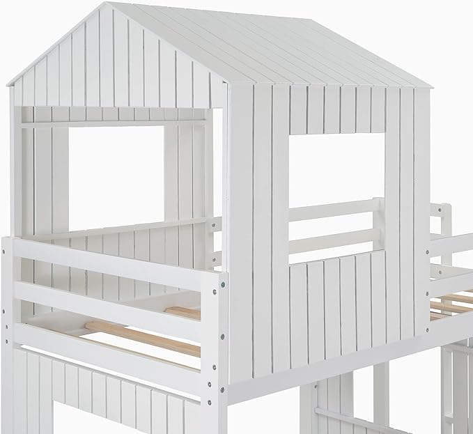 Ball & Cast Twin Over Full Playhouse Bunk Bed with Ladder and Window,Farmhouse Wood Bunkbed w/Full-Length Guard Rail & Slat Support,Space Saving,Bedroom Furniture for Student Dorms,White