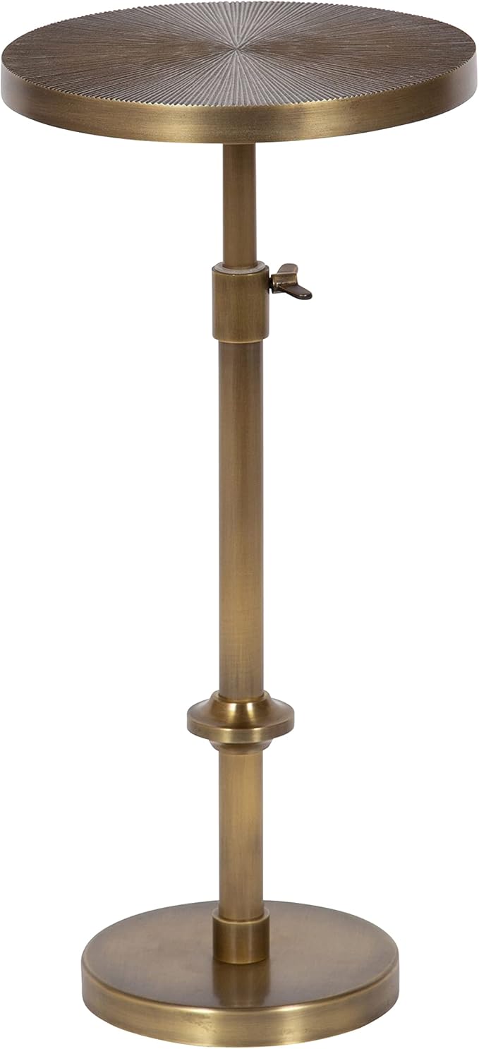 Kate and Laurel Engles Traditional Adjustable-Height Pedestal Drink Table; 10 x 10 x 30; Antique Brass; Vintage Round Indoor Metal Plant Stand with Embossed Sunburst Pattern