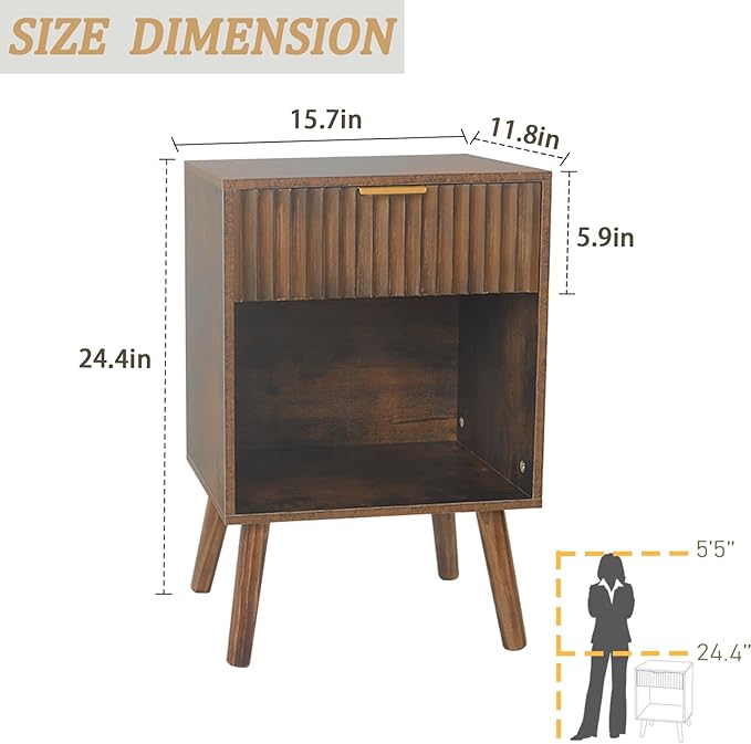 Mid Century Modern Nightstand, Wood Bedside Table with Drawer and Opening Storage, End Table Living Room Fluted Night Stand with Solid Wood Legs for Bedroom (Rustic Brown)