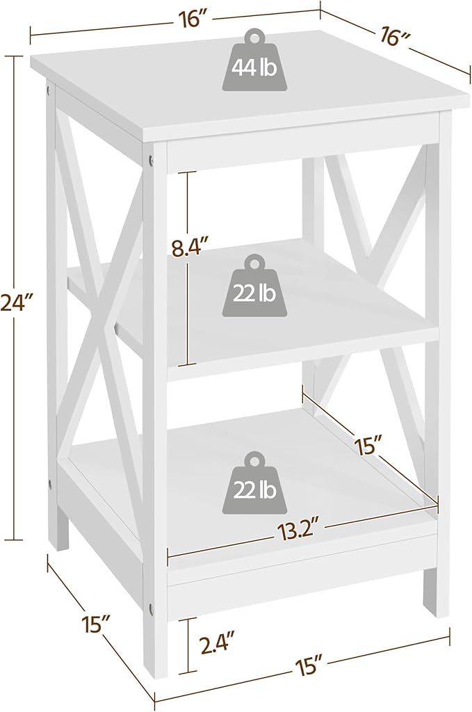 Yaheetech End Tables Set of 2, 3-Tier Side Tables with Storage for Living Room, Sturdy X Design Wooden Large Sofa Side Table Storage Cabinet with Shelves, 16x16x24’’(LxWxH), White