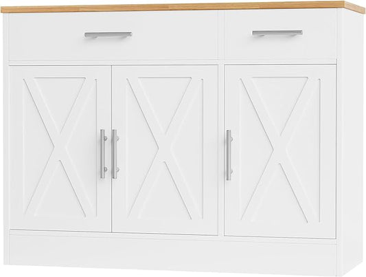 Shintenchi Modern Farmhouse Sideboard Buffet Cabinet with Storage with 3 Doors,42" Barn Doors Buffet Cabinet with Storage, Wood Coffee Bar Cabinet with Adjustable Shelf for Kitchen Living Room,White