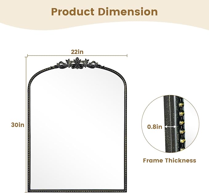 WallBeyond Gold Vintage Mirror for Vanity 22x30 Inch, Black Antique Mirror with Ornate Frame, Arched Vintage Wall Mirror for Bathroom, Living Room, Fireplace, Entryway
