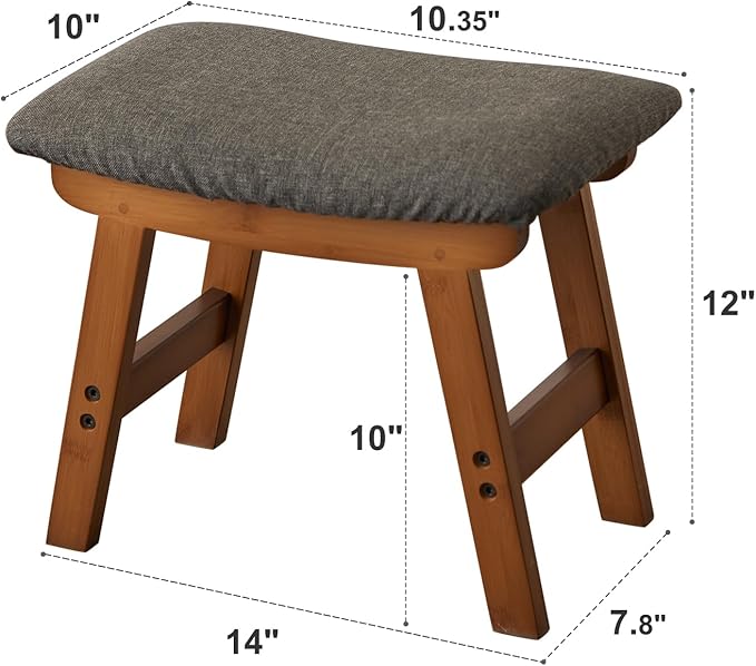 Foot Stool,Ottoman,Bamboo Small Sofa Foot Rest Under Desk,Extra Seating for Living Room, Bedroom and Kitchen (Brown Stool Legs - Gray Surface)