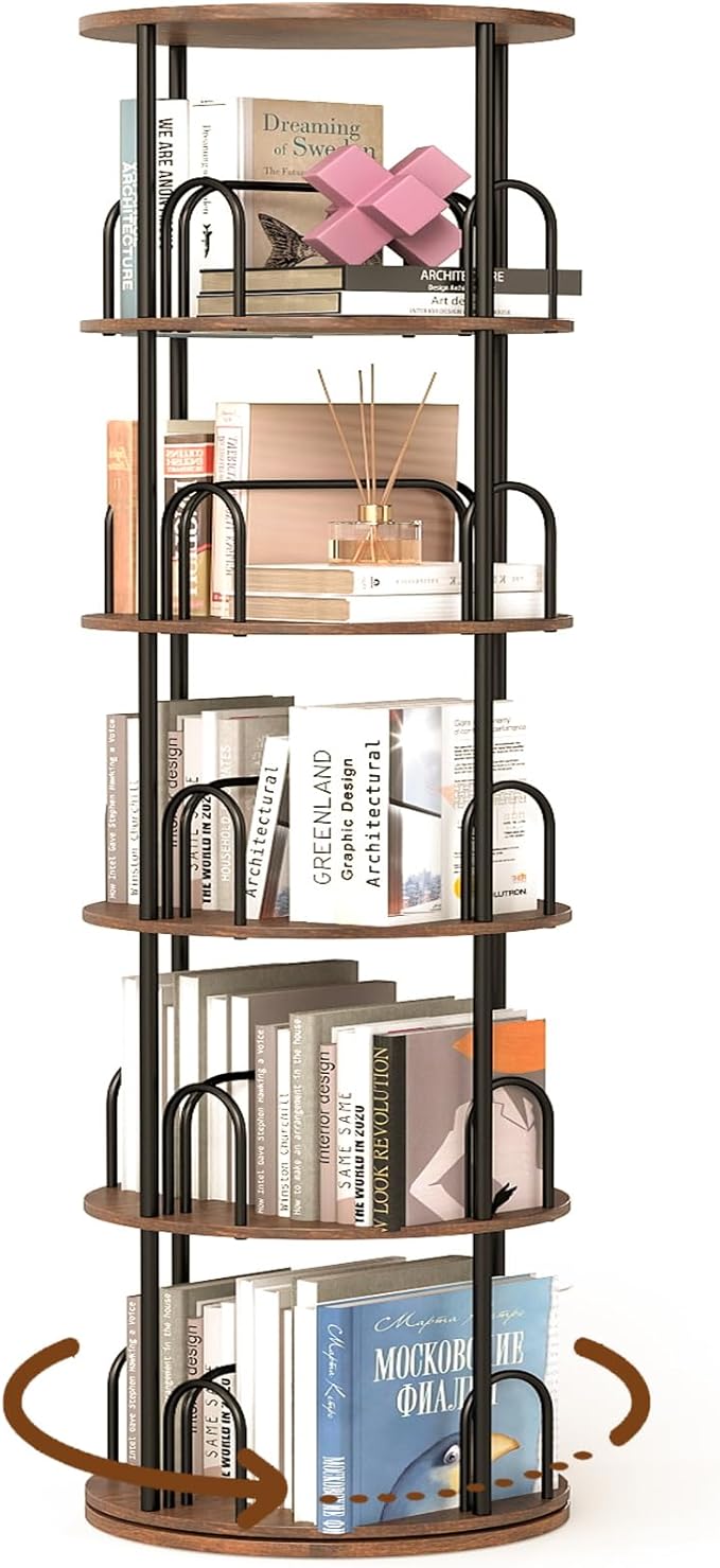5-Tier Rotating Bookshelf, 360° Round Spinning Book Shelf Tower, Tall Skinny Wood & Metal Bookshelf for Corner/Office/Home, Modern Industrial Vintage Style