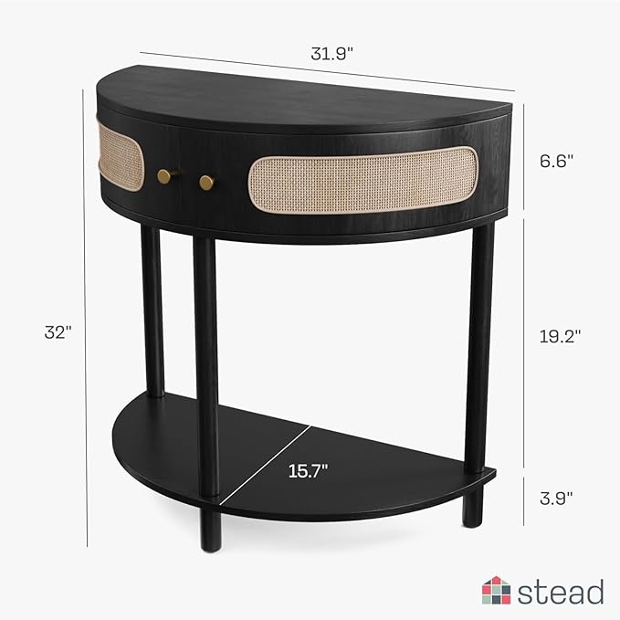 Entryway Table Rattan Half-Moon Console - Semicircular Black Oak & Natural Cane with Brass Knobs - Console Table with Storage & Narrow Curved Design for Entryway & Living Room Decor