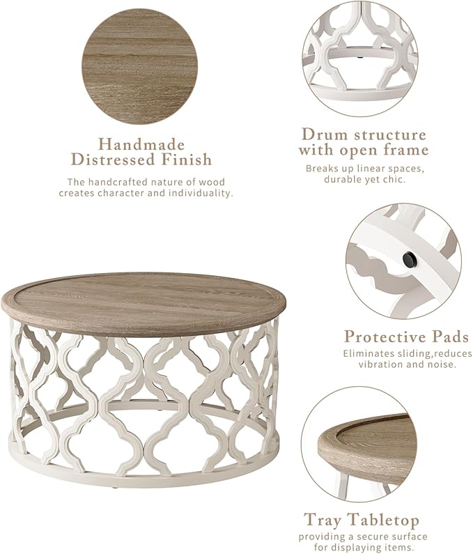 karlott Farmhouse Coffee Table, French Country Round Coffee Table with Distressed Tray Top, Coastal Coffee Table with Curved Motif Frame Base, Boho Coffee Table for Living Room, Dining Room, Bedroom