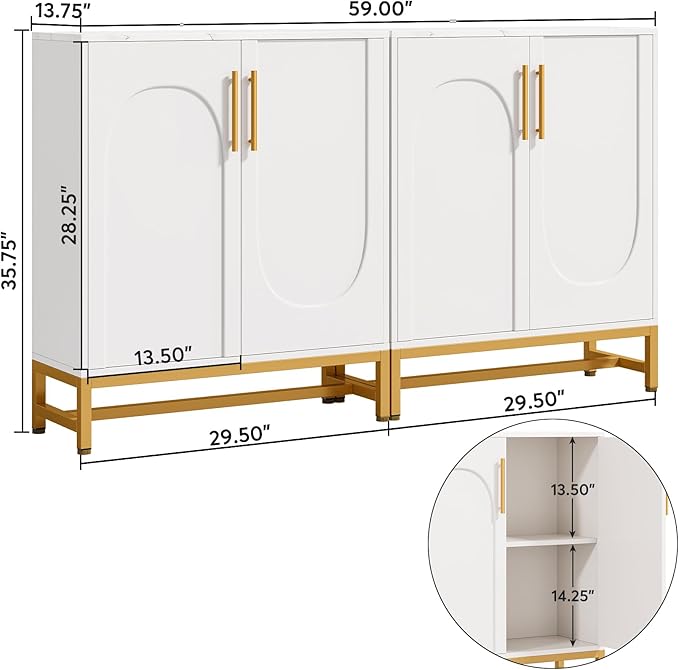 Tribesigns Modern Sideboards, Buffet Cabinet with 4 Doors and Adjustable Shelves (White)
