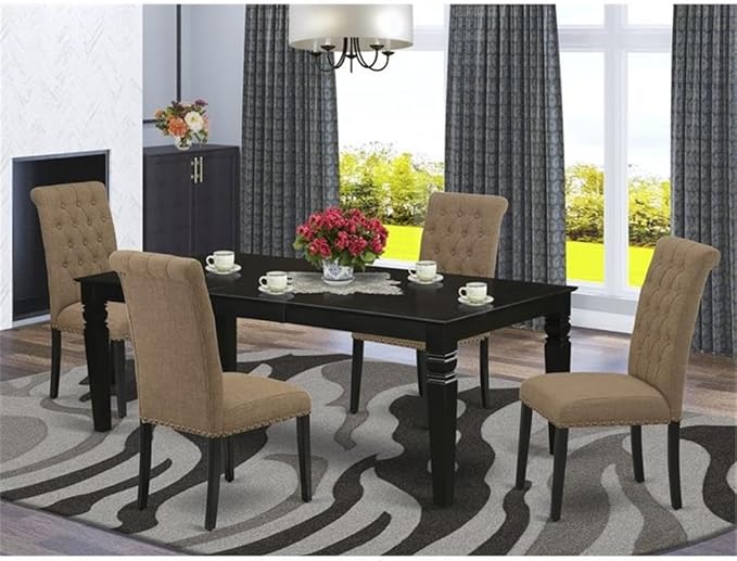 East West Furniture LGBR5-BLK-17 5 Piece Dining Set Includes a Rectangle Dining Room Table with Butterfly Leaf and 4 Light Sable Linen Fabric Upholstered Chairs, 42x84 Inch, Black