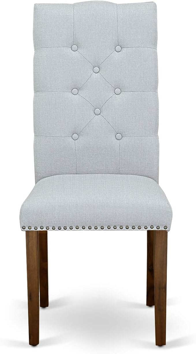 East West Furniture ELP8T05 Elsa Parson Dining Chairs - Button Tufted Nailhead Trim Grey Linen Fabric Upholstered Chairs, Set of 2, Walnut