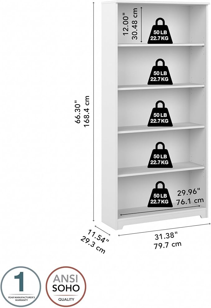 Bush Furniture Tall 5 Shelf Bookcase, Large Open Bookshelf, Sturdy Display Cabinet for Living Room or Home Office, Cabot Collection, White