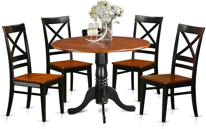 East West Furniture DLQU5-BCH-W 5 Piece Dining Room Furniture Set Includes a Round Kitchen Table with Dropleaf and 4 Dining Chairs, 42x42 Inch, Black & Cherry