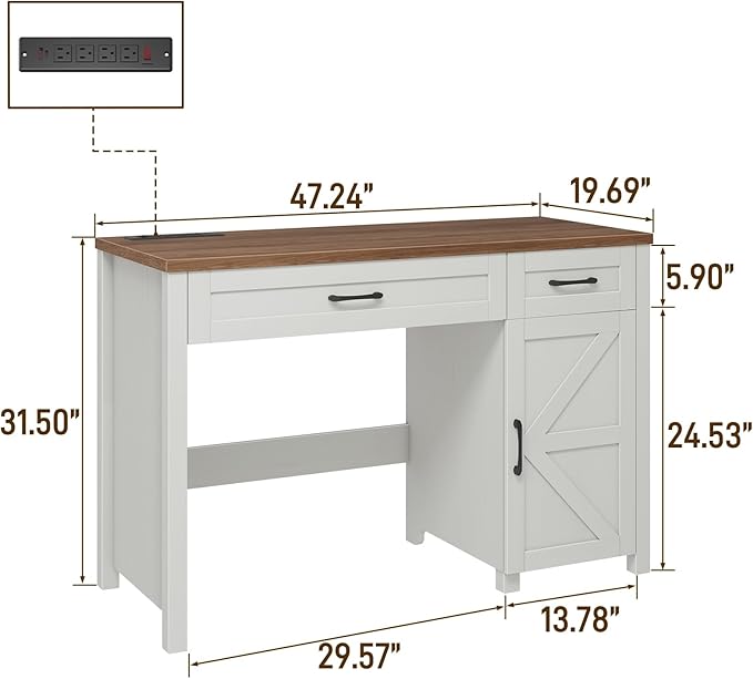Farmhouse 47" Executive Desk, Computer Desk with Drawers and Storage Cabinet, Workstation Computer Desk for Home Office and Study.(Unique White)