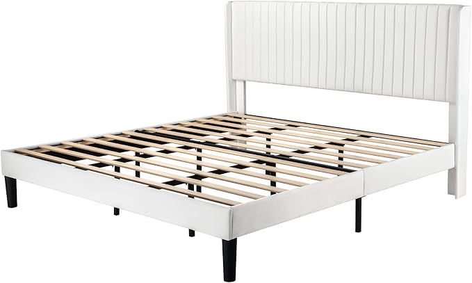Allewie King Size Velvet Bed Frame/Vertical Channel Tufted Wingback Headboard/Upholstered Platform Bed/No Box Spring Needed/Strong Wooden Slats/Easy Assembly/White