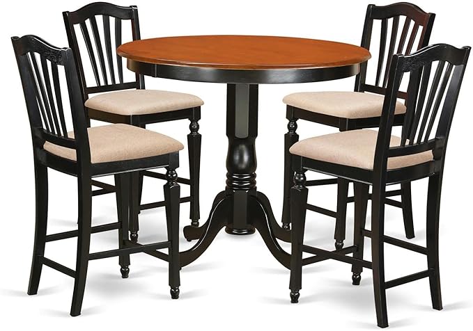 East West Furniture TRCH5-BLK-C 5 Piece Kitchen Counter Height Dining Table Set Includes a Round Pub Table and 4 Linen Fabric Upholstered Chairs, 42x42 Inch, Black & Cherry
