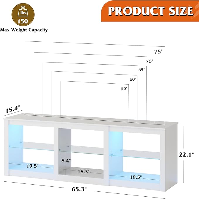 WLIVE TV Stand for 55/65/75 Inch TV, Modern Entertainment Center with LED Lights & Adjustable Glass Shelves, Sturdy Media Console for Living Room, Bedroom,Gaming (White)